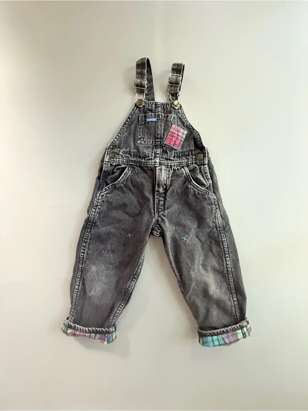 Vintage Oshkosh 80s Overalls Black Wash with Plaid Appliqué & Lining size 3T
